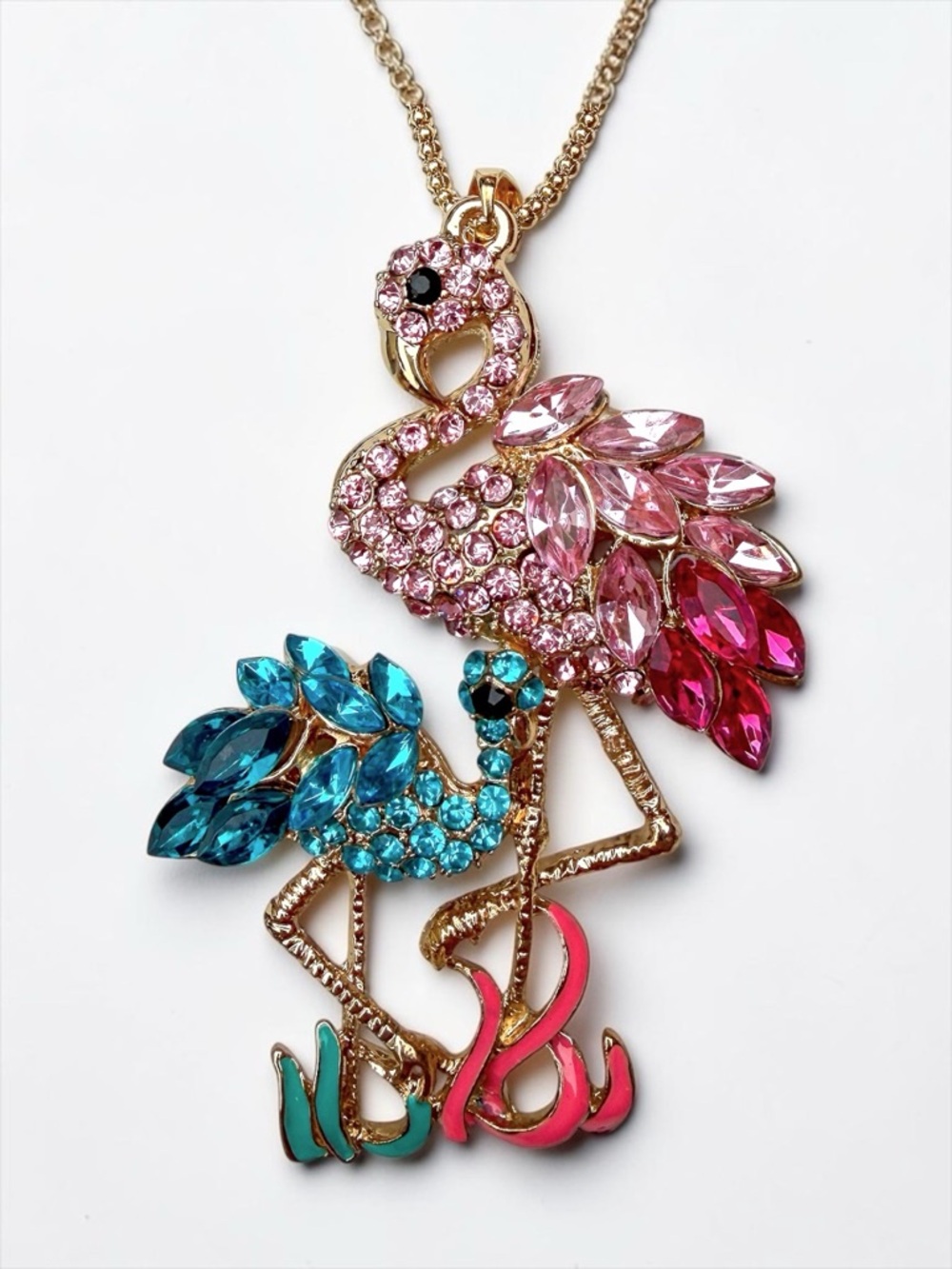 Betsey Johnson Flamingo Mom & Baby Pink and Blue Crystal Gold-tone Necklace NWT